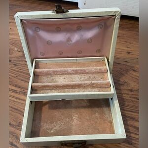Vintage Antique 50s Cream Jewelry Box 2 Tiered with Pink velvet Interior
